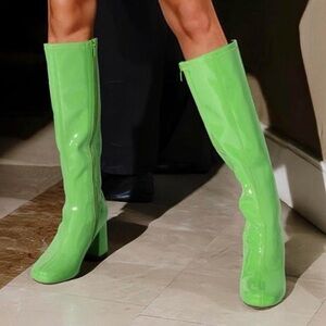 Lime Green Patent Knee-High Boots | Block Heel | Size 6